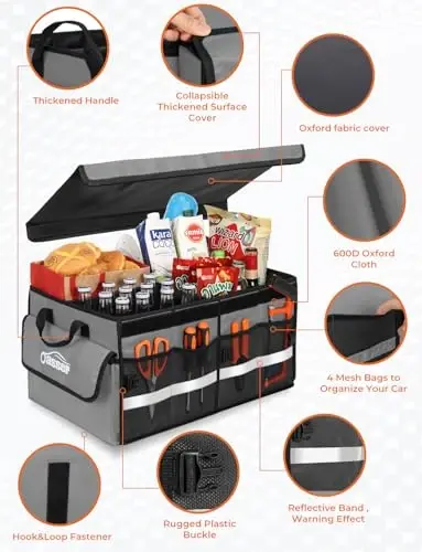 Oasser Car Trunk Organizer Collapsible Multi Compartments SUV Trunk Organizer with Reflective Strip Foldable Cover (Standard, Grey) - 3