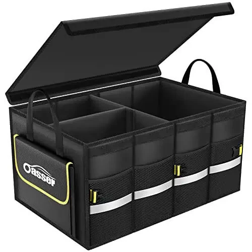 Oasser Car Trunk Organizer, Collapsible Waterproof Multi Compartments Car Storage Organizer with Foldable Cover Reflective Strip (Standard, Black) - 1