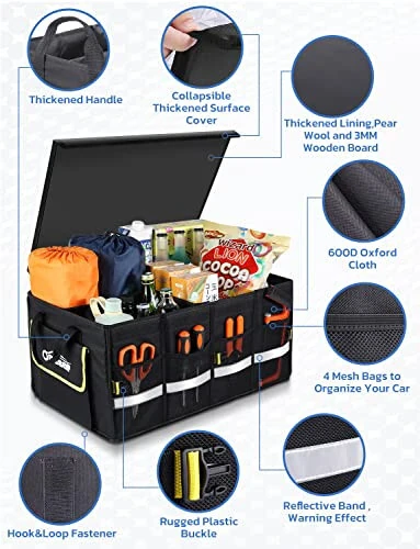 Oasser Car Trunk Organizer, Collapsible Waterproof Multi Compartments Car Storage Organizer with Foldable Cover Reflective Strip (Standard, Black) - 4