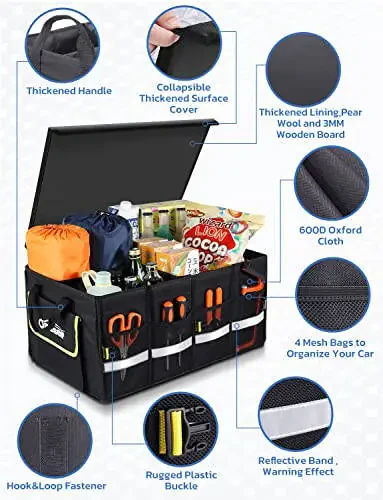 Oasser Car Trunk Organizer, Collapsible Waterproof Multi Compartments Car Storage Organizer with Foldable Cover Reflective Strip (Standard, Black) - 4