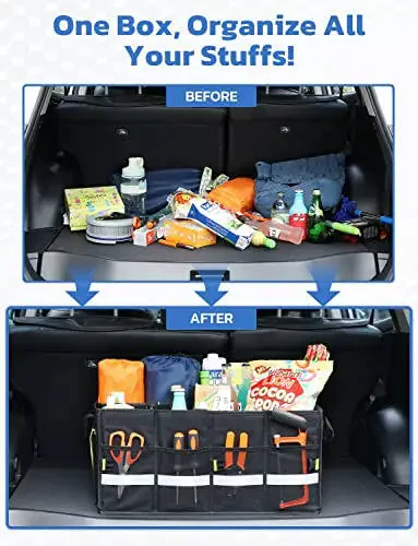 Oasser Car Trunk Organizer, Collapsible Waterproof Multi Compartments Car Storage Organizer with Foldable Cover Reflective Strip (Standard, Black) - 6