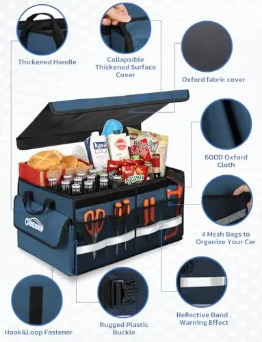 Oasser Car Trunk Organizer Yiqiladigan Ko'p Bo'linmali Magistral Tashkilotchi SUV uchun katlanadigan qopqoqli reflektorli chiziq (Standart, ko'k) - 3