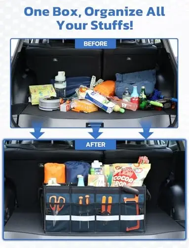 Oasser Car Trunk Organizer Yiqiladigan Ko'p Bo'linmali Magistral Tashkilotchi SUV uchun katlanadigan qopqoqli reflektorli chiziq (Standart, ko'k) - 6