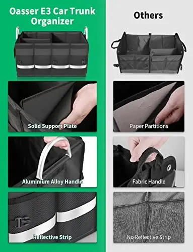 Oasser Trunk Organizer Cargo Organizer Trunk Storage Suv o'tkazmaydigan yig'ma bardoshli ko'p bo'linmali buklama qopqoqli alyuminiy qotishma tutqichli reflektor chiziqli (Katta, qora) - 4