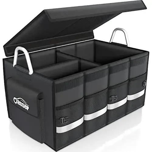 Oasser Trunk Organizer Cargo Organizer Trunk Storage Suv o'tkazmaydigan yig'ma bardoshli ko'p bo'linmali buklama qopqoqli alyuminiy qotishma tutqichli reflektor chiziqli (Katta, qora) 