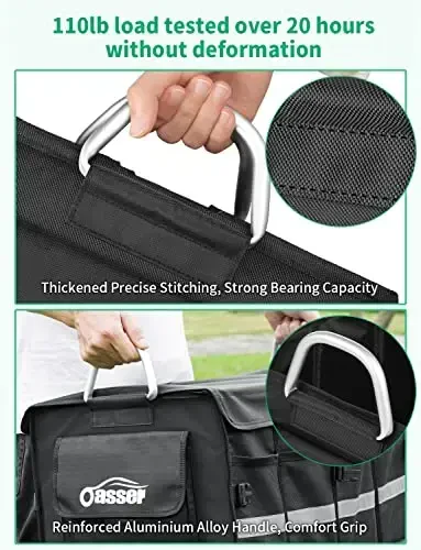 Oasser Trunk Organizer Cargo Organizer Trunk Storage Suv o'tkazmaydigan yig'ma bardoshli ko'p bo'linmali buklama qopqoqli alyuminiy qotishma tutqichli reflektor chiziqli (Katta, qora) - 5