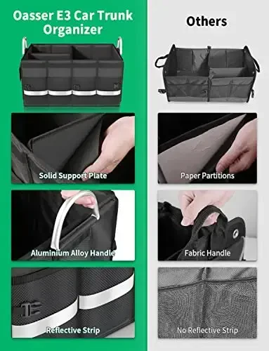 Oasser Trunk Organizer Cargo Organizer Trunk Storage Waterproof Collapsible Durable Multi Compartments with Foldable Cover Aluminium Alloy Handle Reflective Strip (Large, Black) - 3