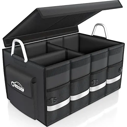 Oasser Trunk Organizer Cargo Organizer Trunk Storage Waterproof Collapsible Durable Multi Compartments with Foldable Cover Aluminium Alloy Handle Reflective Strip (Large, Black) - 2