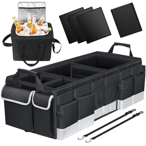 Oasser Trunk Organizer with Cooler Bag, Large Collapsible Car Trunk Organizer for SUV with Multi Compartments, Car Storage Organizer Grocery with Lid for Sedan Black&Grey 