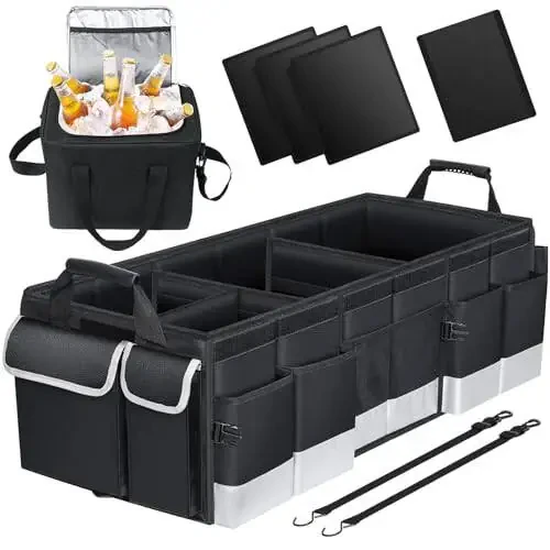 Oasser Trunk Organizer with Cooler Bag, Large Collapsible Car Trunk Organizer for SUV with Multi Compartments, Car Storage Organizer Grocery with Lid for Sedan Black&Grey - 1