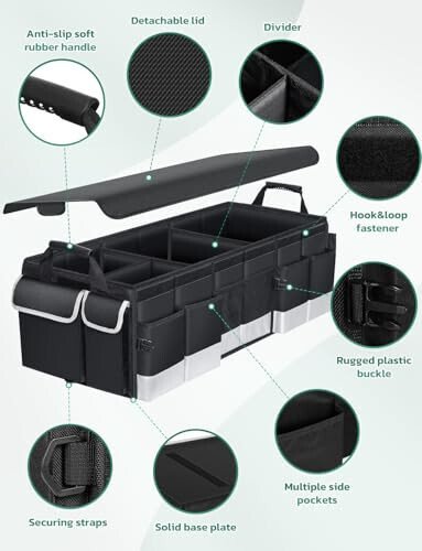 Oasser Trunk Organizer with Cooler Bag, Large Collapsible Car Trunk Organizer for SUV with Multi Compartments, Car Storage Organizer Grocery with Lid for Sedan Black&Grey - 3