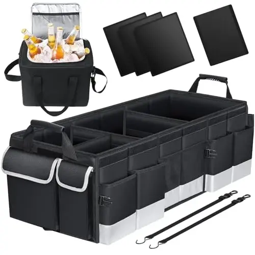 Oasser Trunk Organizer with Cooler Bag, Large Collapsible Car Trunk Organizer for SUV with Multi Compartments, Car Storage Organizer Grocery with Lid for Sedan Black&Grey - OASSER (1)