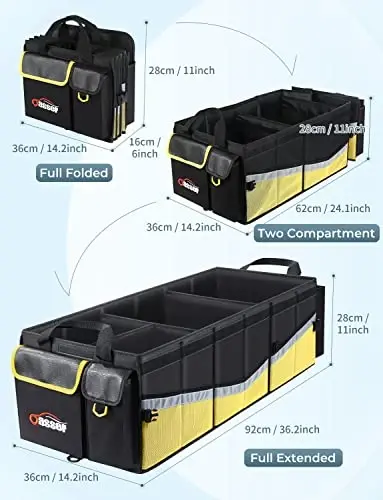 Oasser Trunk Organizer with Cooler Bag, Large Collapsible Car Trunk Organizer for SUV with Multi Compartments, Car Storage Organizer Grocery with Lid for Sedan (Extra Large, Black&Yellow) - 2