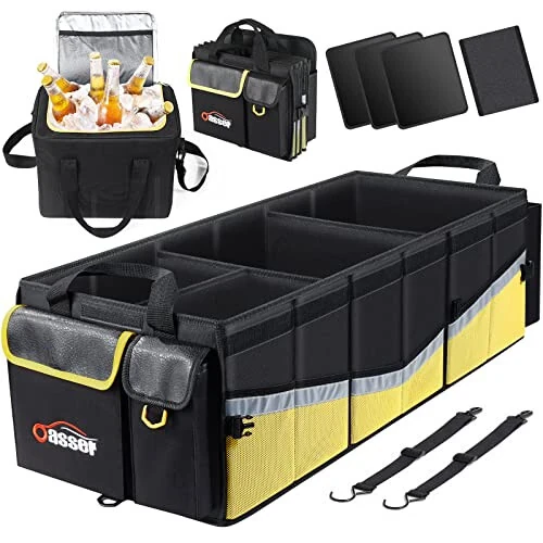 Oasser Trunk Organizer with Cooler Bag, Large Collapsible Car Trunk Organizer for SUV with Multi Compartments, Car Storage Organizer Grocery with Lid for Sedan (Extra Large, Black&Yellow) 