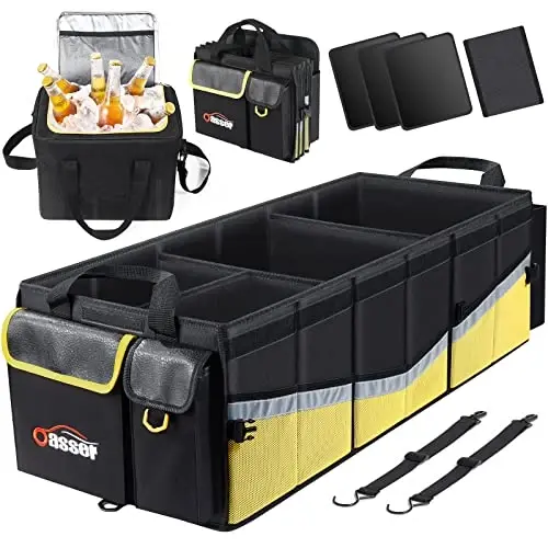 Oasser Trunk Organizer with Cooler Bag, Large Collapsible Car Trunk Organizer for SUV with Multi Compartments, Car Storage Organizer Grocery with Lid for Sedan (Extra Large, Black&Yellow) - 1