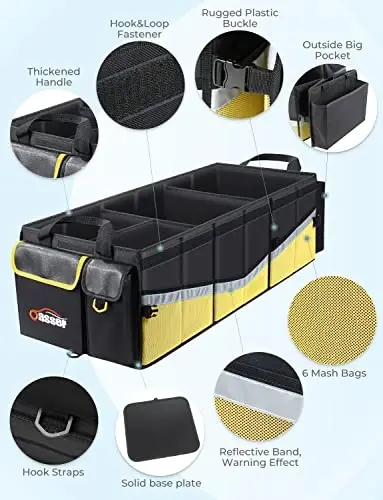 Oasser Trunk Organizer with Cooler Bag, Large Collapsible Car Trunk Organizer for SUV with Multi Compartments, Car Storage Organizer Grocery with Lid for Sedan (Extra Large, Black&Yellow) - 3