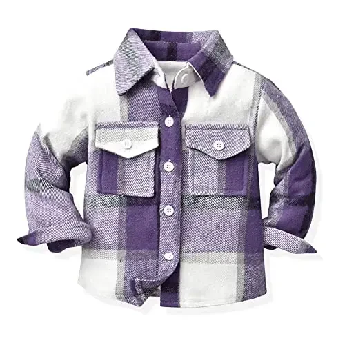OBEEII Toddler Boys Girls Plaid Flannel Shirts Jacket Long Sleeve Lapel Button Down Shacket Fall Outerwear for Kids - OBEEII
