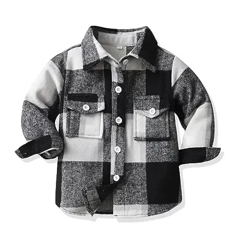 OBEEII Toddler Boys Girls Plaid Flannel Shirts Jacket Long Sleeve Lapel Button Down Shacket Fall Outerwear for Kids - 1