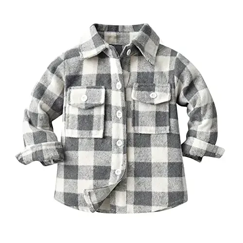 OBEEII Toddler Boys Girls Plaid Flannel Shirts Jacket Long Sleeve Lapel Button Down Shacket Fall Outerwear for Kids - 1