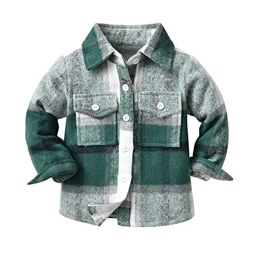 OBEEII Toddler Boys Girls Plaid Flannel Shirts Jacket Long Sleeve Lapel Button Down Shacket Fall Outerwear for Kids - 1