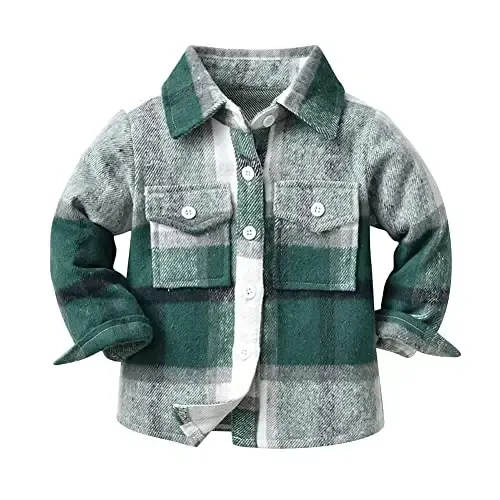 OBEEII Toddler Boys Girls Plaid Flannel Shirts Jacket Long Sleeve Lapel Button Down Shacket Fall Outerwear for Kids - OBEEII
