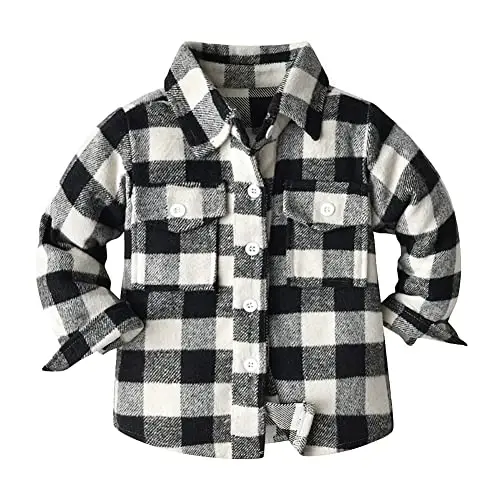 OBEEII Toddler Boys Girls Plaid Flannel Shirts Jacket Long Sleeve Lapel Button Down Shacket Fall Outerwear for Kids 