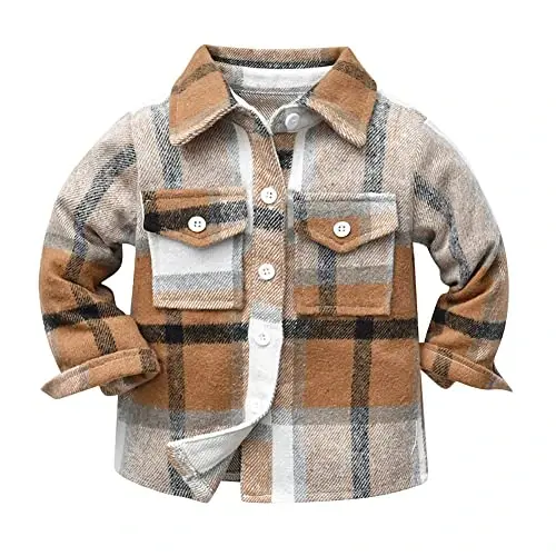 OBEEII Toddler Boys Girls Plaid Flannel Shirts Jacket Long Sleeve Lapel Button Down Shacket Fall Outerwear for Kids - OBEEII