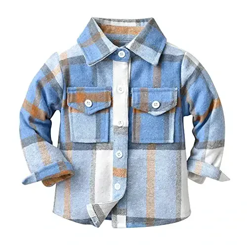 OBEEII Toddler Boys Girls Plaid Flannel Shirts Jacket Long Sleeve Lapel Button Down Shacket Fall Outerwear for Kids - OBEEII