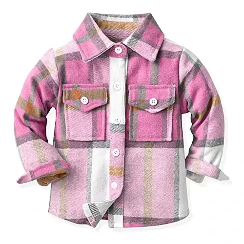 OBEEII Toddler Boys Girls Plaid Flannel Shirts Jacket Long Sleeve Lapel Button Down Shacket Fall Outerwear for Kids - 1