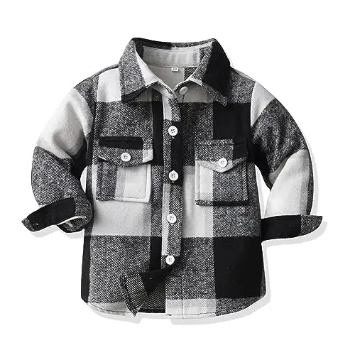 OBEEII Toddler Boys Girls Plaid Flannel Shirts Jacket Long Sleeve Lapel Button Down Shacket Fall Outerwear for Kids - OBEEII