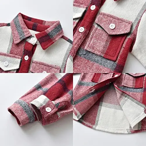 OBEEII Toddler Boys Girls Plaid Flannel Shirts Jacket Long Sleeve Lapel Button Down Shacket Fall Outerwear for Kids - 6