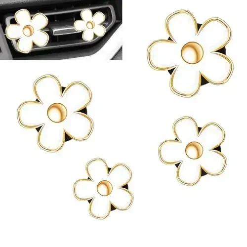 OBTANIM 4 PCS Car Air Vent Clips White Daisy Flower Car Air Freshener Clip Air Conditioning Outlet Clip for Car Interior Decoration Accessories (4 Size) 