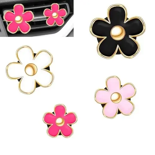 OBTANIM 4 PCS Car Air Vent Clips Colorful Daisy Flower Car Air Freshener Clip Air Conditioning Outlet Clip for Car Interior Decoration Accessories (Black, White, Pink, Red, 4 Size) - OBTANIM