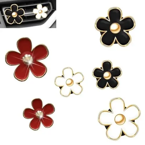 OBTANIM 6 PCS Avtomobil havo chiqarish klipi Rangli ромашка gulli avtomobil havo tozalagich klipi Avtomobil ichki bezatish aksessuarlari uchun havo konditsionerlash chiqish klipi (oq, qora, qizil, 2 o'lcham) 