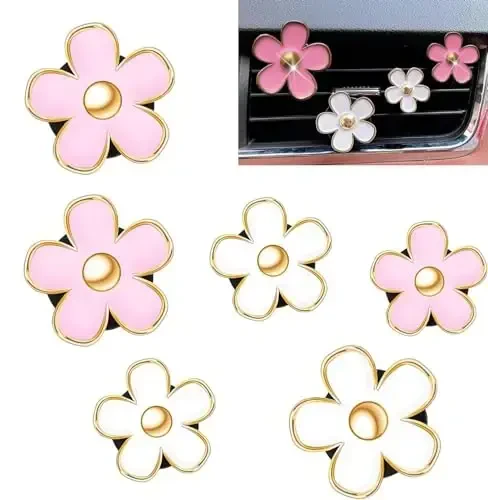 OBTANIM 6 PCS Avtomobil havo chiqarish klipslari Rangli ромашка gul Avtomobil havo tozalagich klipi Avtomobil ichki bezatish aksessuarlari uchun havo konditsionerlash chiqish klipi (2 o'lcham, oq, pushti) 