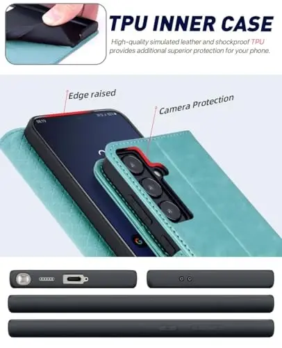 OCASE Galaxy S24 5G hamyon gʻilofi bilan mos keladi, PU teri Flip Folio gʻilofi, karta ushlagichlari RFID blokirovka qiluvchi tayanch [zarbaga chidamli TPU ichki qobigʻi] telefon qopqogʻi (2024), yalpiz yashil - 5