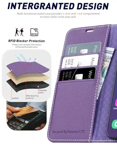 OCASE Galaxy S24 5G hamyon g'ilofi bilan mos keladi, PU teri Flip Folio g'ilofi karta ushlagichlari RFID blokirovka qiluvchi tayanch [zarbga chidamli TPU ichki qobig'i] telefon qopqog'i (2024), Litchi Purple - 3