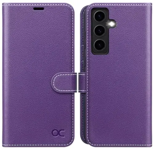 OCASE Galaxy S24 5G hamyon g'ilofi bilan mos keladi, PU teri Flip Folio g'ilofi karta ushlagichlari RFID blokirovka qiluvchi tayanch [zarbga chidamli TPU ichki qobig'i] telefon qopqog'i (2024), Litchi Purple 