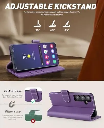 OCASE Galaxy S24 5G hamyon g'ilofi bilan mos keladi, PU teri Flip Folio g'ilofi karta ushlagichlari RFID blokirovka qiluvchi tayanch [zarbga chidamli TPU ichki qobig'i] telefon qopqog'i (2024), Litchi Purple - 4