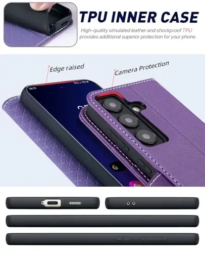 OCASE Galaxy S24 5G hamyon g'ilofi bilan mos keladi, PU teri Flip Folio g'ilofi karta ushlagichlari RFID blokirovka qiluvchi tayanch [zarbga chidamli TPU ichki qobig'i] telefon qopqog'i (2024), Litchi Purple - 5