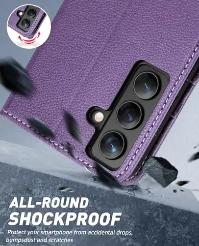 OCASE Galaxy S24 5G hamyon g'ilofi bilan mos keladi, PU teri Flip Folio g'ilofi karta ushlagichlari RFID blokirovka qiluvchi tayanch [zarbga chidamli TPU ichki qobig'i] telefon qopqog'i (2024), Litchi Purple - 6