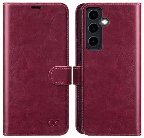 OCASE Galaxy S24 5G hamyon g‘ilofi bilan mos, PU charm flip foliyo g‘ilofi, kartalar ushlagichli RFID blokirovka qiluvchi tirgak [zarbga chidamli TPU ichki qobig‘i] telefon qopqog‘i (2024), Burgundy 