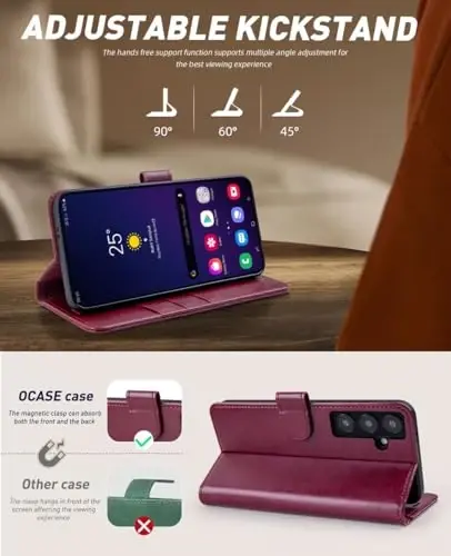 OCASE Galaxy S24 5G hamyon g‘ilofi bilan mos, PU charm flip foliyo g‘ilofi, kartalar ushlagichli RFID blokirovka qiluvchi tirgak [zarbga chidamli TPU ichki qobig‘i] telefon qopqog‘i (2024), Burgundy - 4