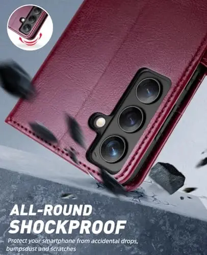 OCASE Galaxy S24 5G hamyon g‘ilofi bilan mos, PU charm flip foliyo g‘ilofi, kartalar ushlagichli RFID blokirovka qiluvchi tirgak [zarbga chidamli TPU ichki qobig‘i] telefon qopqog‘i (2024), Burgundy - 6