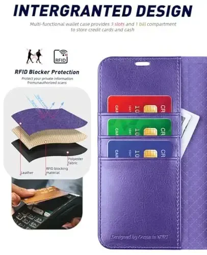 OCASE Galaxy S24 5G hamyon g‘ilofi bilan mos, PU teri flip folio g‘ilof, karta ushlagichli RFID blokirovka qilish tayanchi [zarbga chidamli TPU ichki qobig‘i] telefon qopqog‘i (2024), binafsha - 3