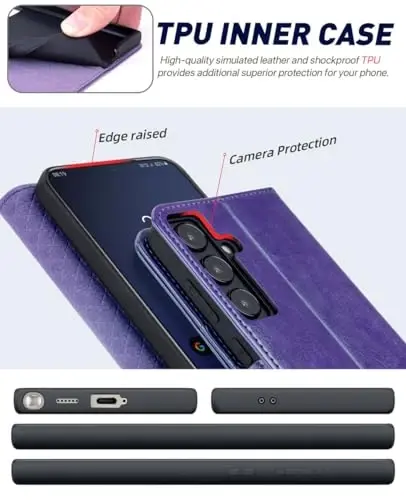 OCASE Galaxy S24 5G hamyon g‘ilofi bilan mos, PU teri flip folio g‘ilof, karta ushlagichli RFID blokirovka qilish tayanchi [zarbga chidamli TPU ichki qobig‘i] telefon qopqog‘i (2024), binafsha - 5