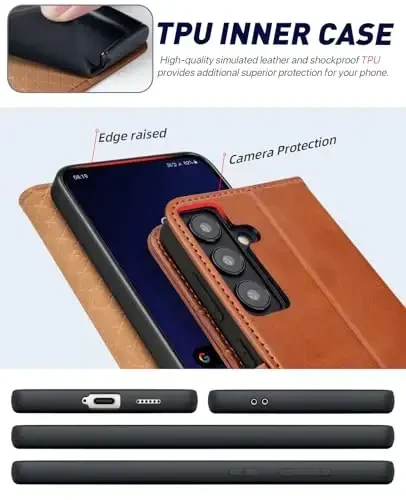 OCASE Galaxy S24 5G hamyon qutisi bilan mos keladi, PU teri Flip Folio qutisi kart egalari RFID Blocking Kickstand [zarbga chidamli TPU ichki qobig'i] telefon qopqog'i (2024), jigarrang - 5
