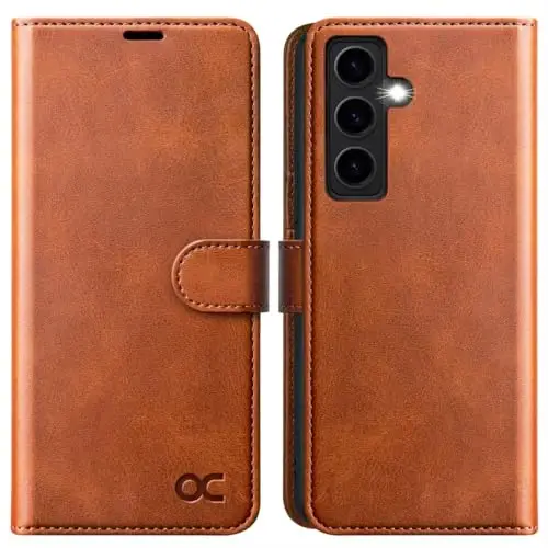 OCASE Galaxy S24 5G hamyon qutisi bilan mos keladi, PU teri Flip Folio qutisi kart egalari RFID Blocking Kickstand [zarbga chidamli TPU ichki qobig'i] telefon qopqog'i (2024), jigarrang 