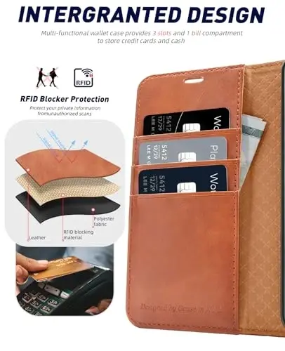 OCASE Galaxy S24 5G hamyon qutisi bilan mos keladi, PU teri Flip Folio qutisi kart egalari RFID Blocking Kickstand [zarbga chidamli TPU ichki qobig'i] telefon qopqog'i (2024), jigarrang - 3