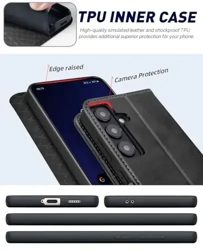 OCASE Galaxy S24 5G hamyon qutisi bilan mos keladi, PU teri Flip Folio qutisi karta ushlagichlari RFID blokirovka qilish tayanchi [zarbga chidamli TPU ichki qobig'i] telefon qopqog'i (2024), Grafit - 5